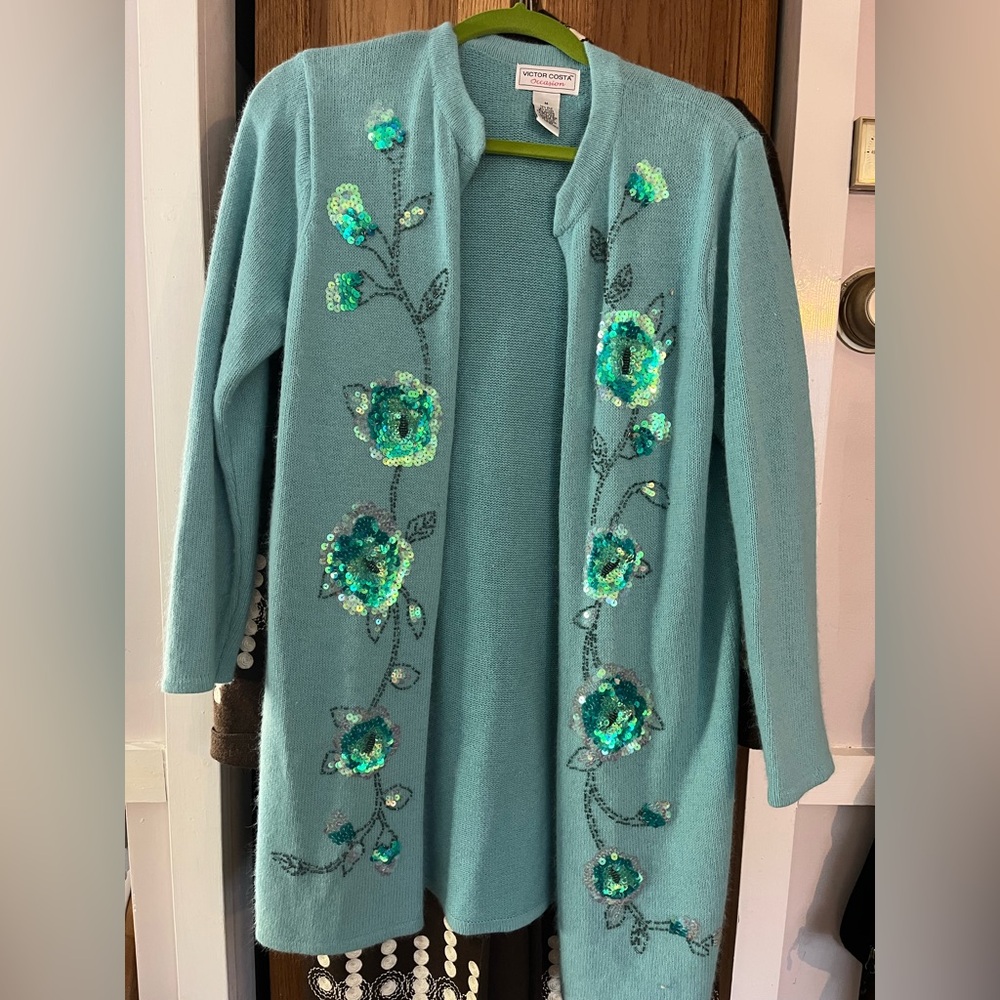 Victor Costa Silk Floral Sequin Cardigan Blue Rabbit Hair Knit Embellished W/ M